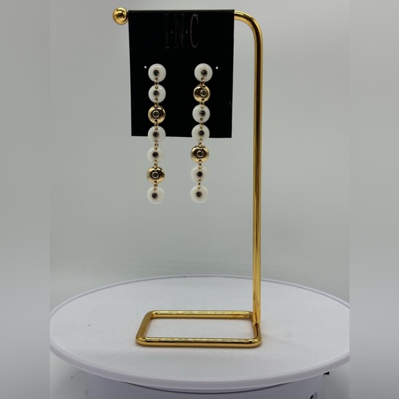 INC Drop Down Stone with Embedded Crystal Dangling Earrings in Gold Tone 3in - Picture 5 of 10